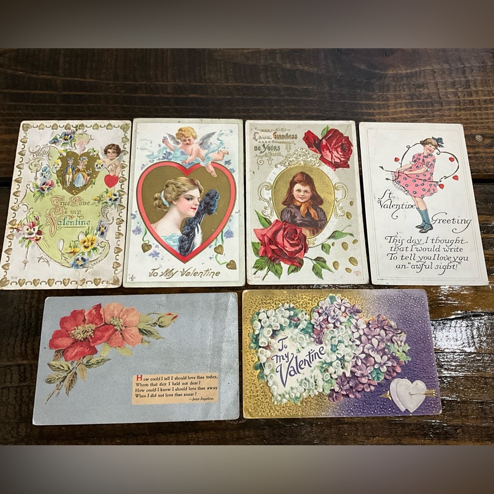 Antique Assorted Lot of 6 Valentine’s Day Postcards Flowers Hearts Scrapbooking